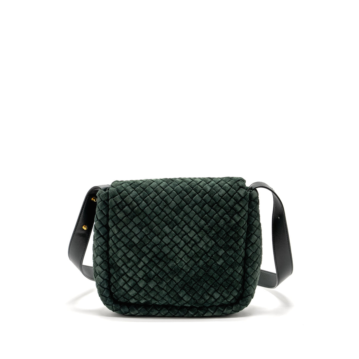 COBBLE MESSENGER BAG INTRECCIATO-WOVEN PADDED SUEDE DARK GREEN GHW