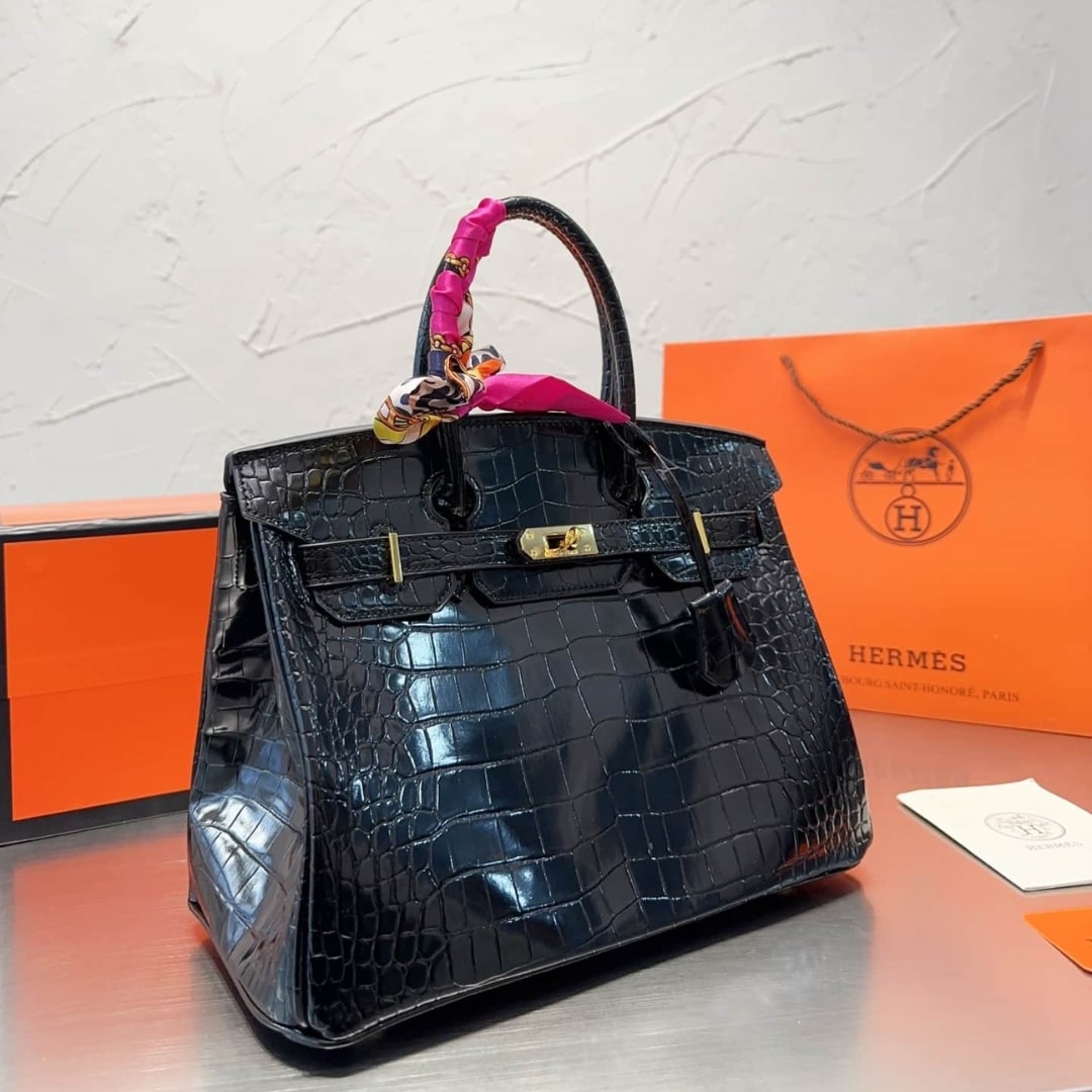 Hermes Birkin 30 Shiny Porosus Crocodile Black Noir 30Cm